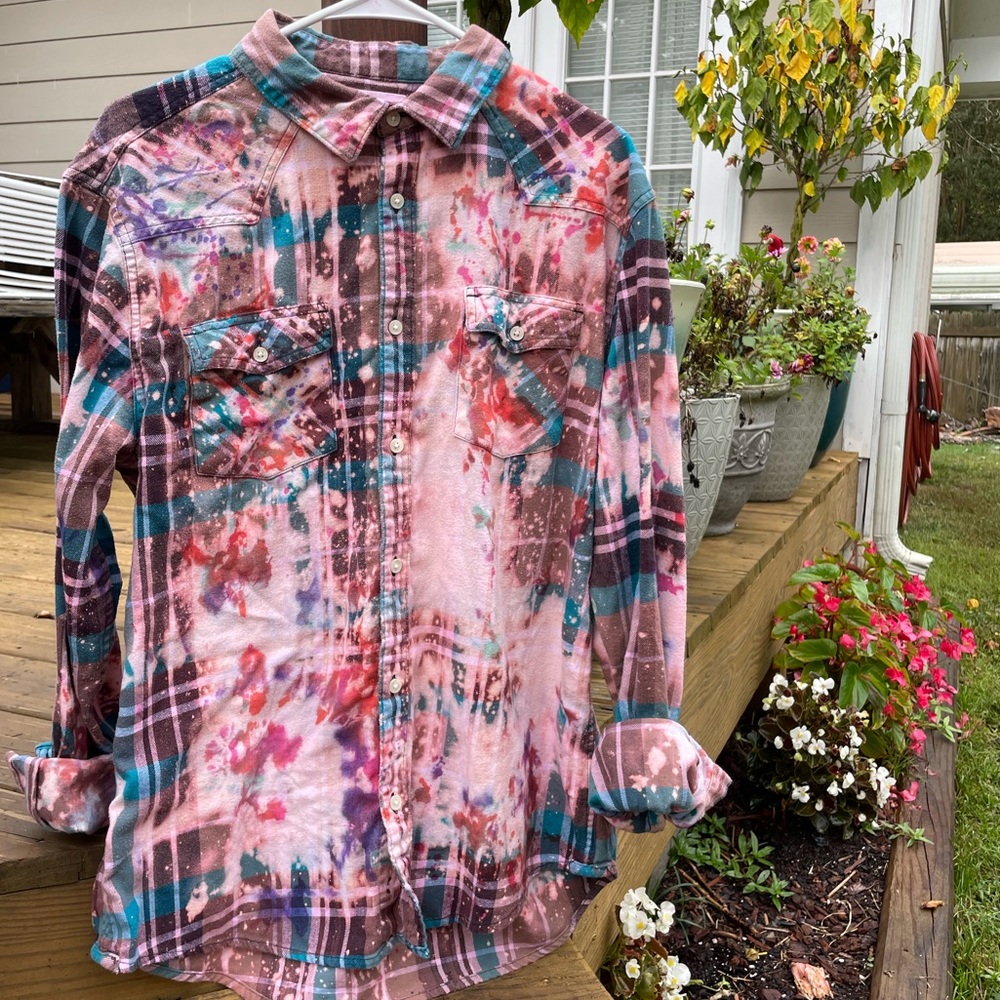 Upcycled bleached tie-dyed flannel size large